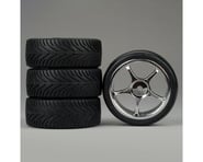 more-results: This is a pack of four DuraTrax Radial 1/10 Scale Tires pre-mounted on 5-Spoke Chrome 