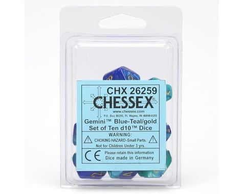 Chessex /  Pacific Games D10 GEMINI BLUE TEAL W/GOLD 10CT