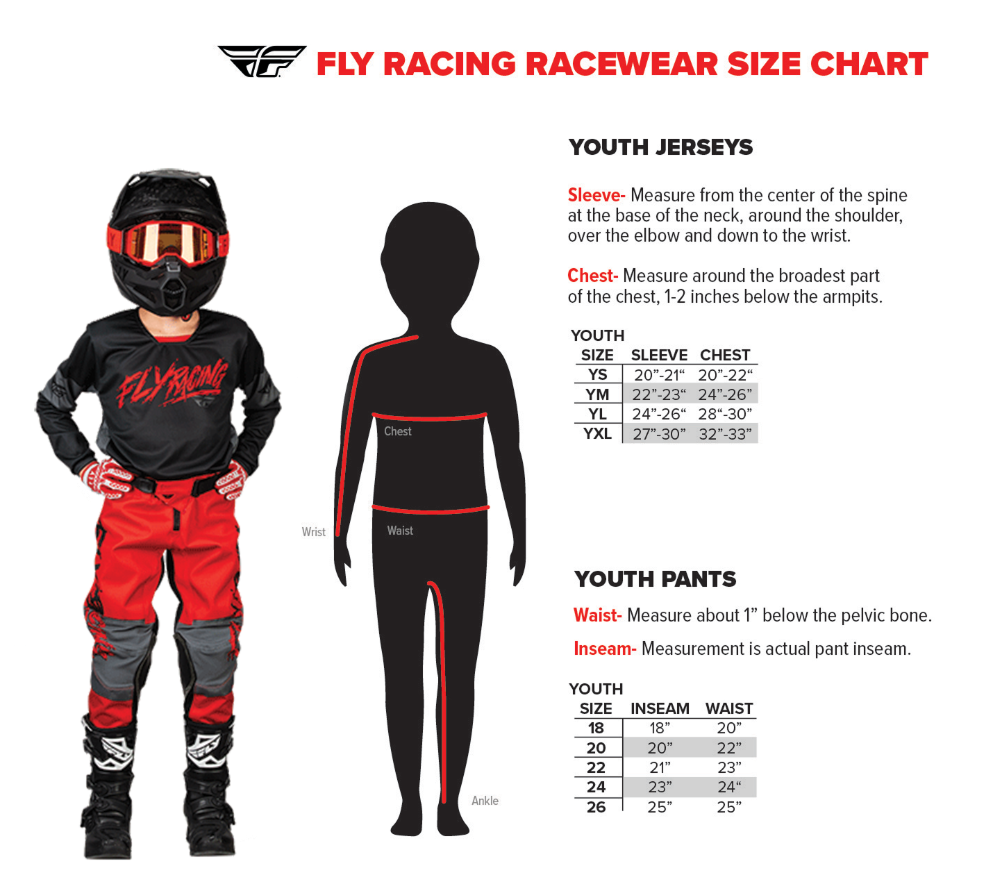 Fly Racing youth size chart.