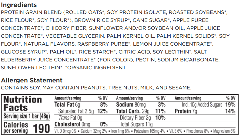 Luna Bar Mash Ups Lemon Zest Blueberry Nutrition Chart