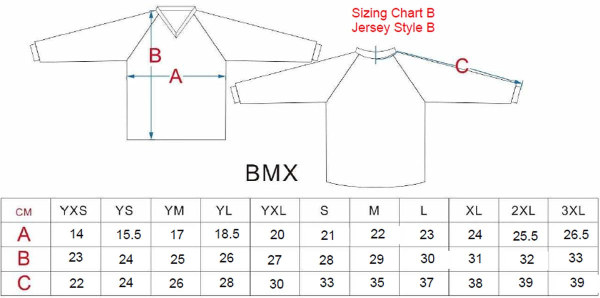 Dan's Comp BMX race jersey size chart.