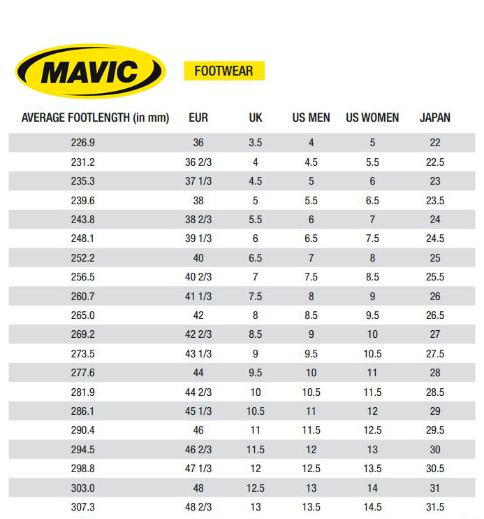 Mavic Road Shoes Size Chart