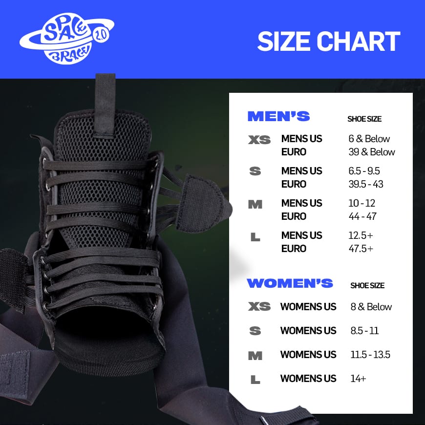 Sizing chart for the Space Brace 2.0 Ankle Brace