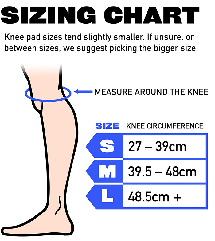 Sizing chart for the Space Brace Dennis Enarson Knee Pads