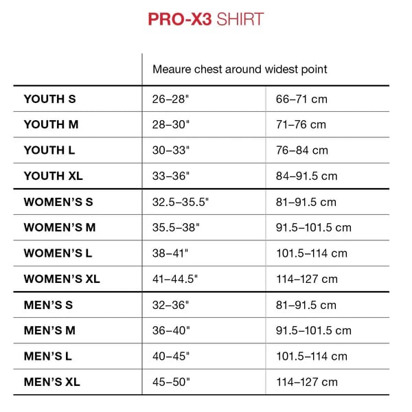 G-Form Pro X3  Shirt Size Chart