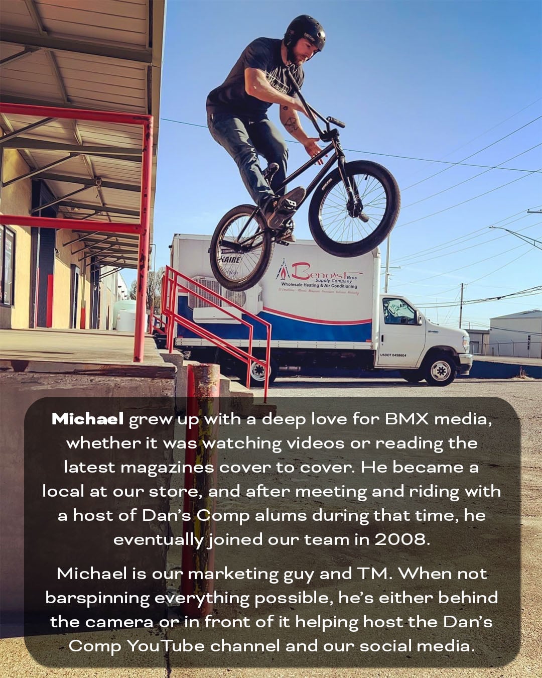 Dan's employee Michael doing a bar spin with a brief biography.