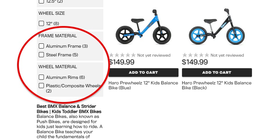 Highlighting the specs listed on a complete bike.