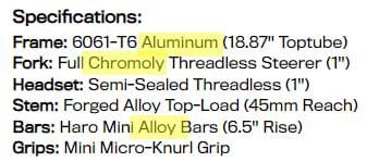 Highlighting the specs listed on a complete bike.