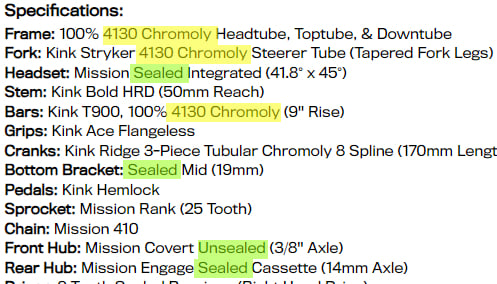 Highlighting the specs listed on a complete bike.