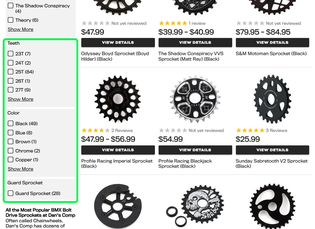 how to use the filter tools to find the right sprocket