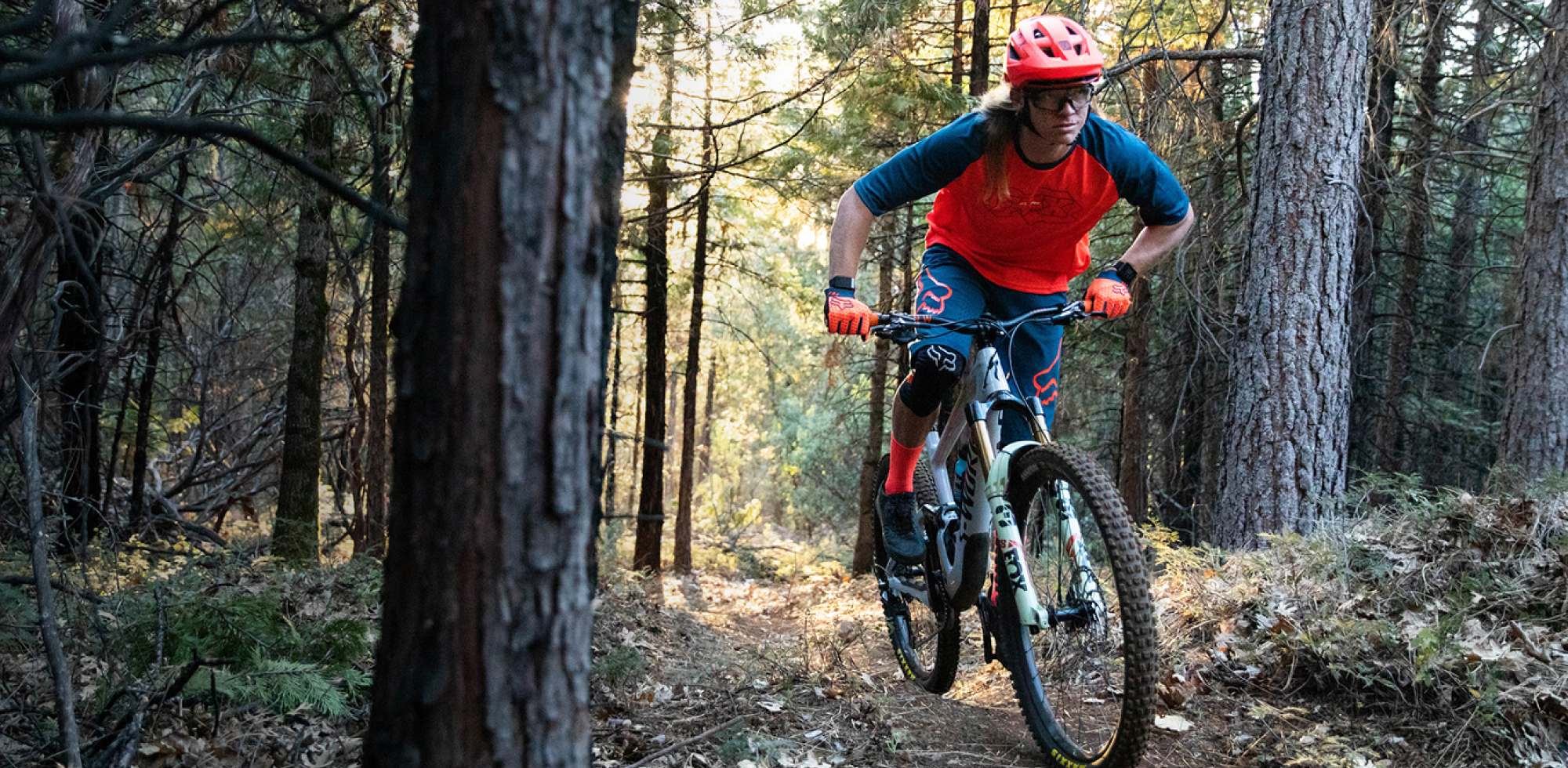Mountainbiker riding through forest with FOX clothing