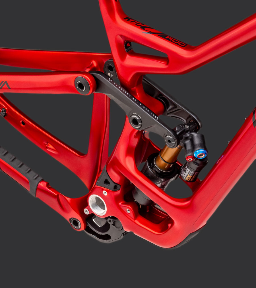 Middle of Niner WFO frame with rear shock, frame protection, and internal cable ports