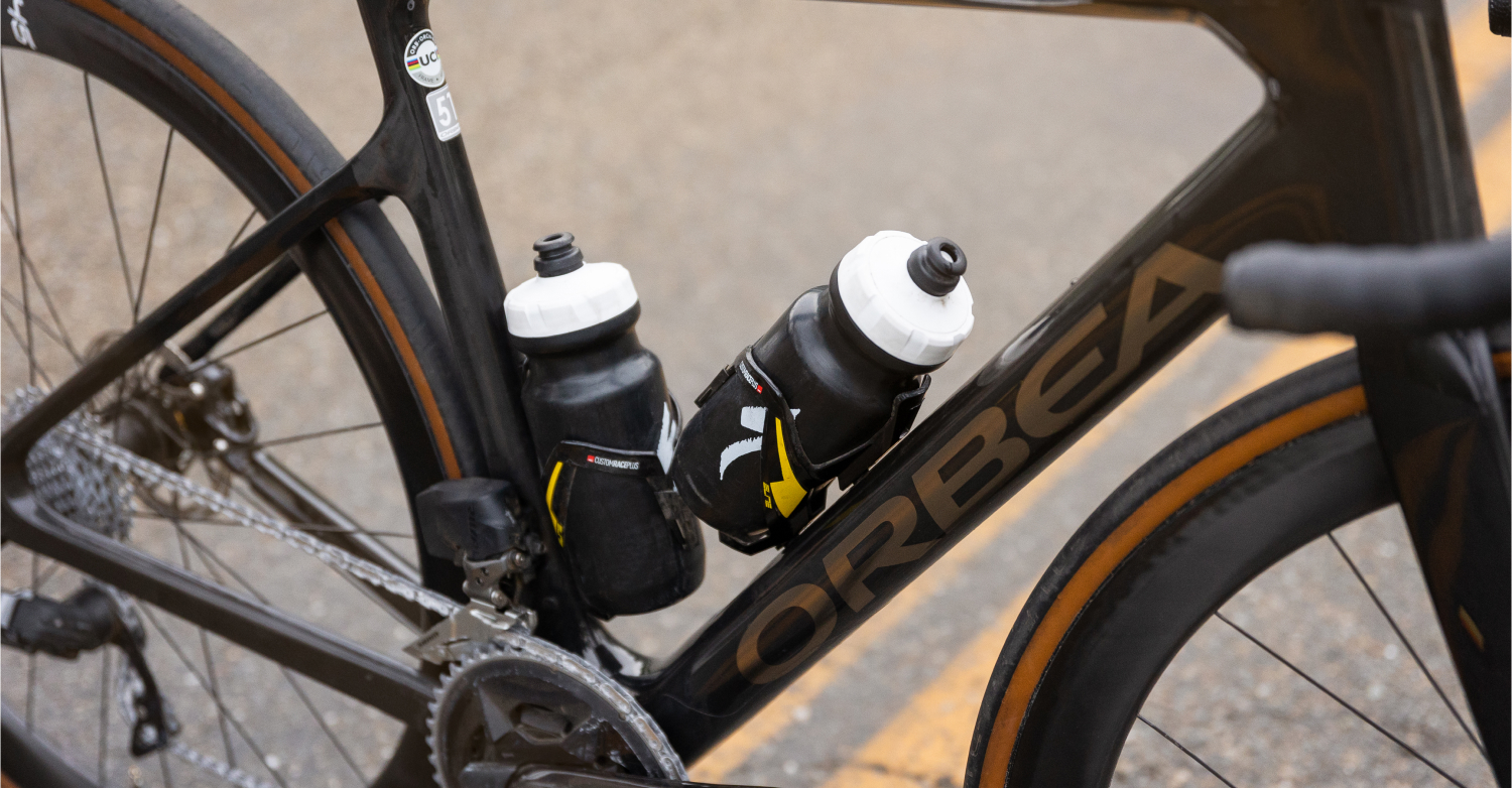 Close-up view of bike water bottles