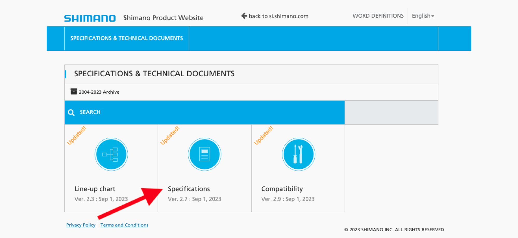 image of Shimano product info site