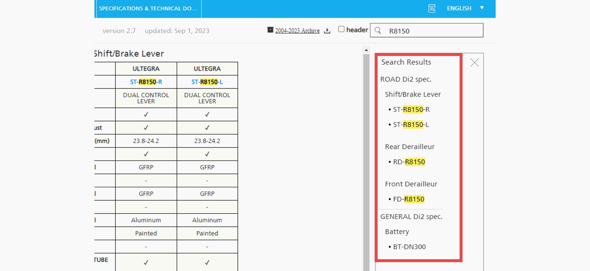 image of Shimano product info site