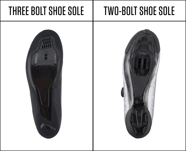 Two types of clipless shoes, three bolt and two-bolt