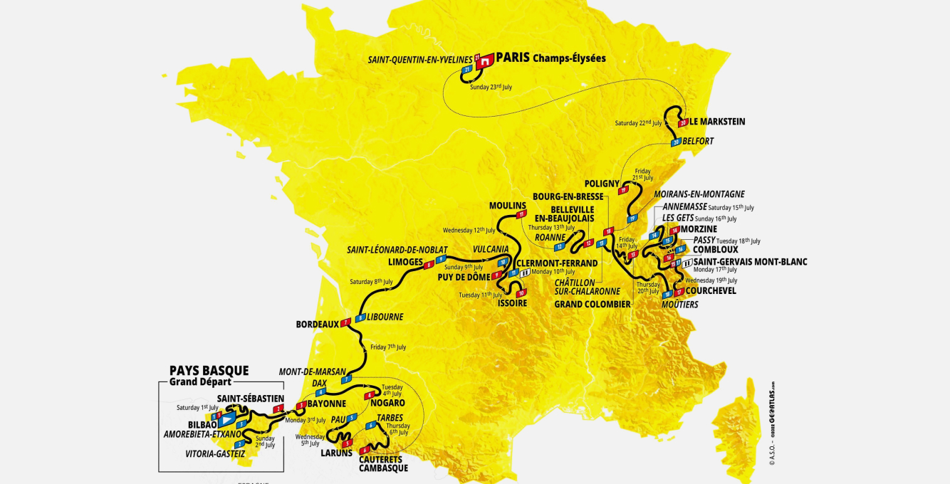 Map of the Tour de France Route