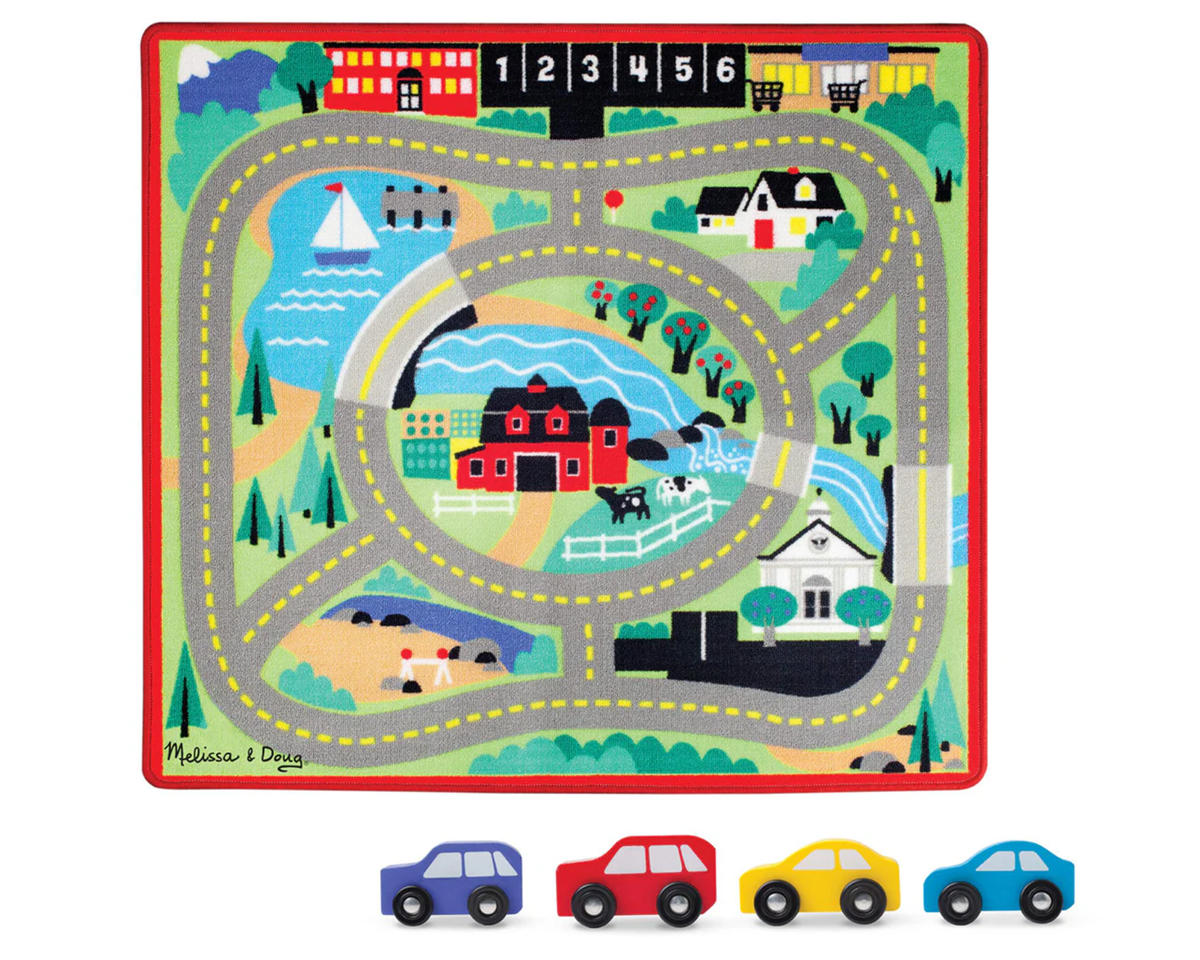 Melissa & Doug Round the Town Road Rug & 4 Wooden Cars Play Set
