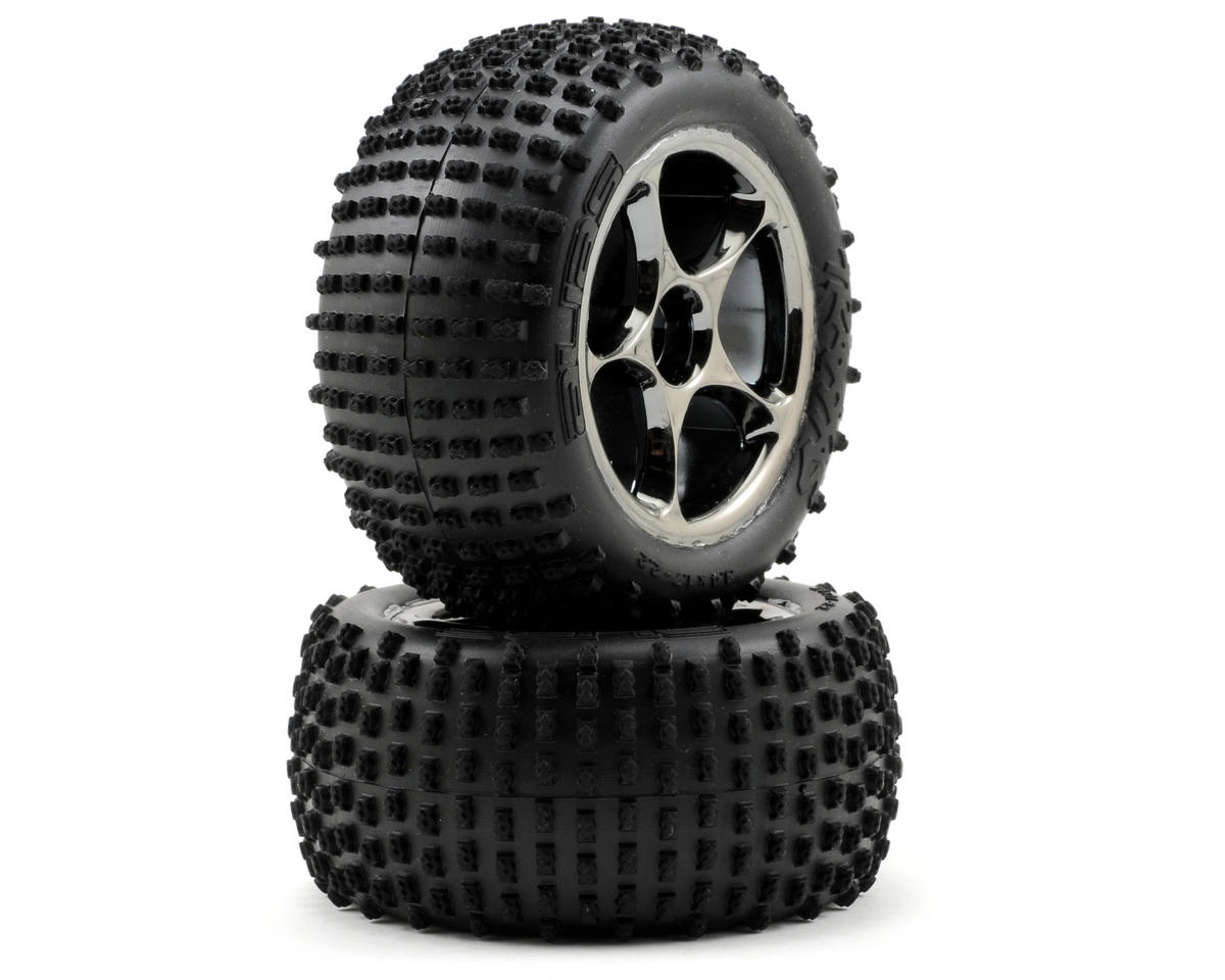 Traxxas Tires & Wheels, Assembled (Tracer 2.2 Black Chrome Wheels, Alias 2.2 tires) (2) Bandit Rear, medium compound w/foam TRA2470A