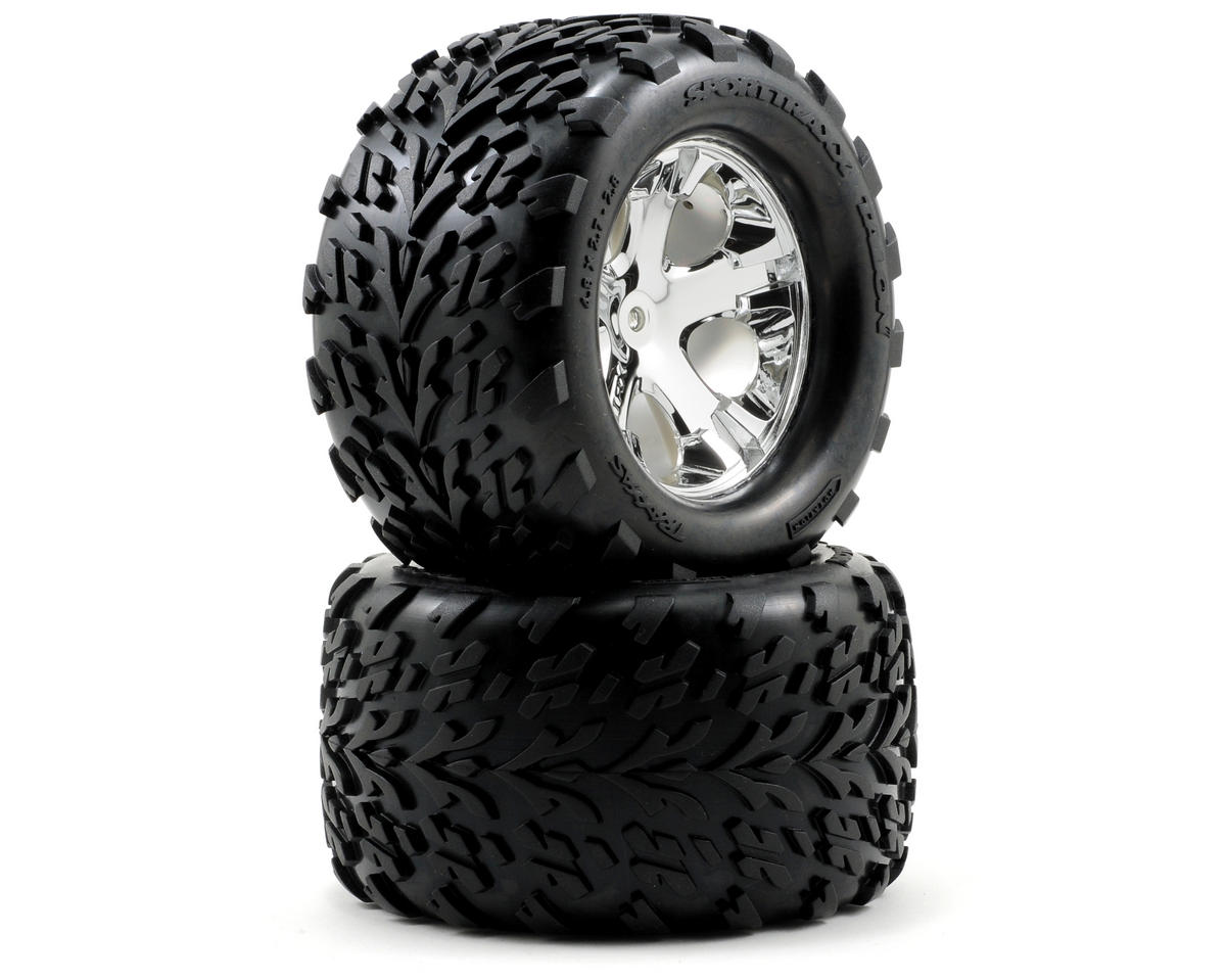 Traxxas Tires & wheels, assembled, glued (2.8") (All-Star chrome wheels, Talon tires, foam inserts) (electric rear) (2) TRA3668