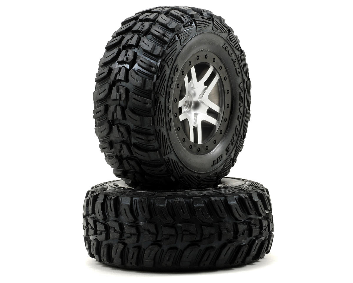 Traxxas Tires & Wheels, Assembled, Glued (S1 Ultra-Soft Off-Road Racing Compound) (Sct Split-Spoke Satin Chrome, Black Beadlock Style Wheels, Kumho Tires, Foam Inserts) (2) (4wd Front/Rear, 2wd Rear Only) TRA6874R