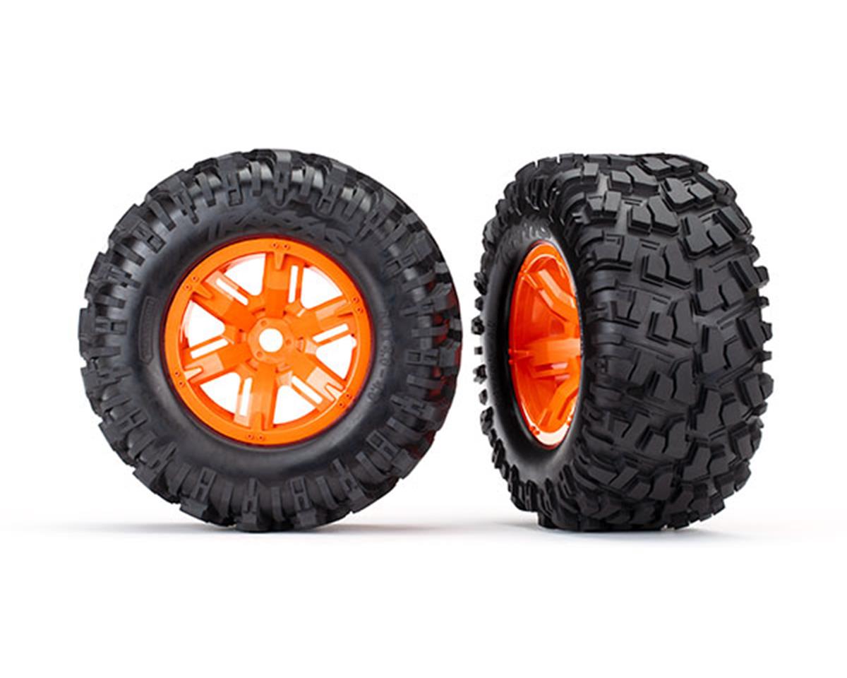 Traxxas Tires & wheels, assembled, glued (X-Maxx orange wheels, Maxx AT tires, foam inserts) (left & right) (2) 8S Rated TRA7772T