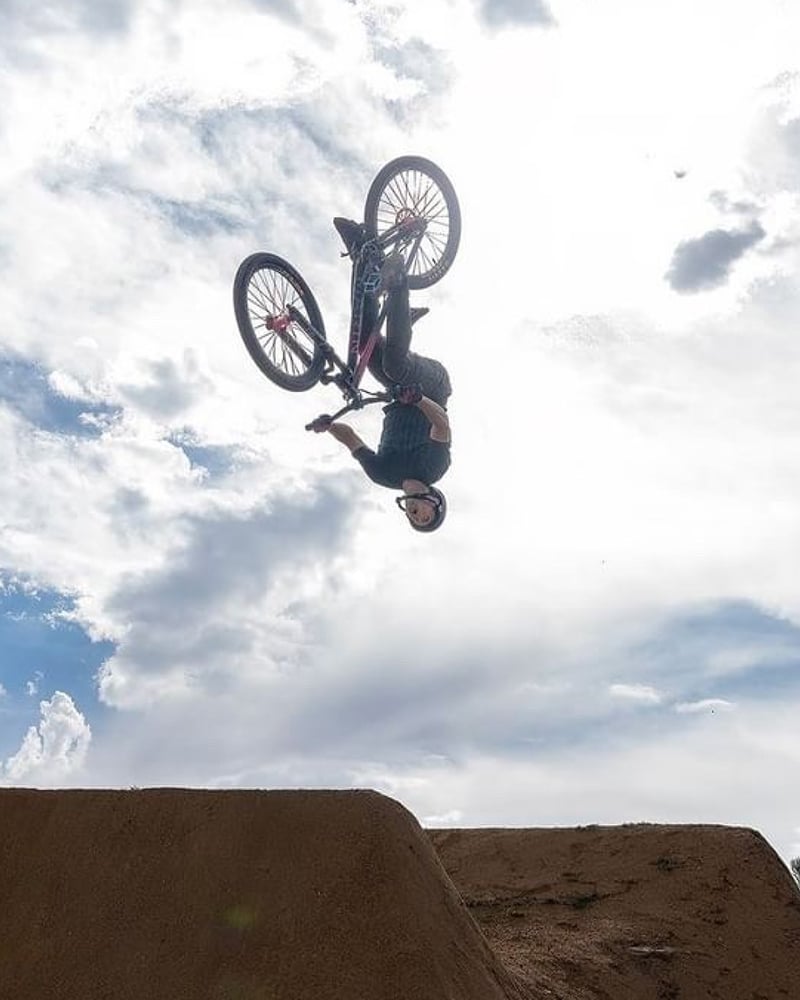 Dans Comp syndicate Max Niels boosting a big backflip on his Marin Alcatraz dirt jump MTB. Slopestyle.